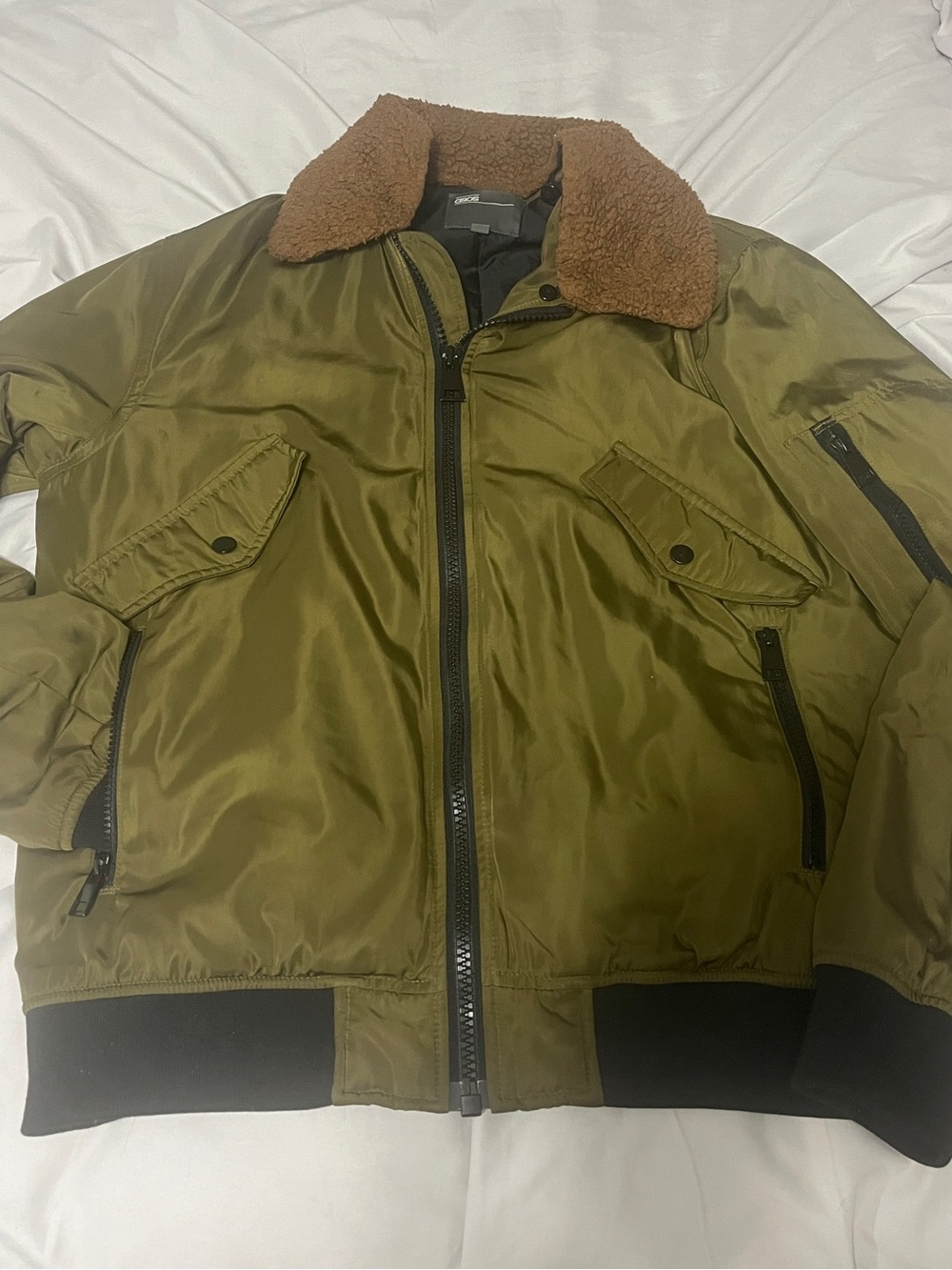 ASOS Olive Green Bomber Jacket with Brown Sherpa Collar